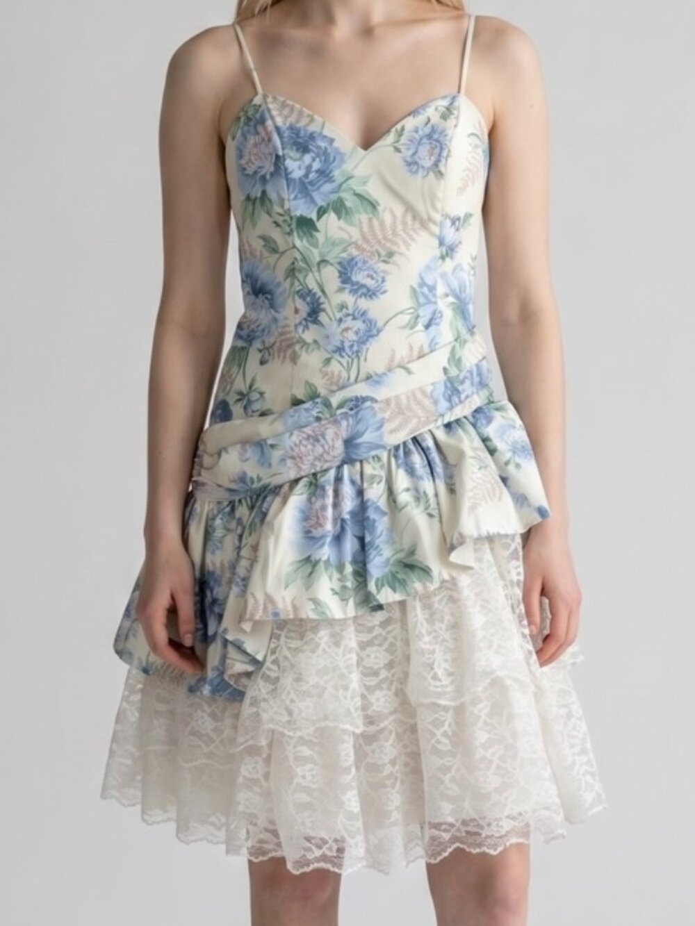 Vtg 80s Loralie Cottagecore Lace Floral Chintz Asymmetric Coquette Prairie Dress